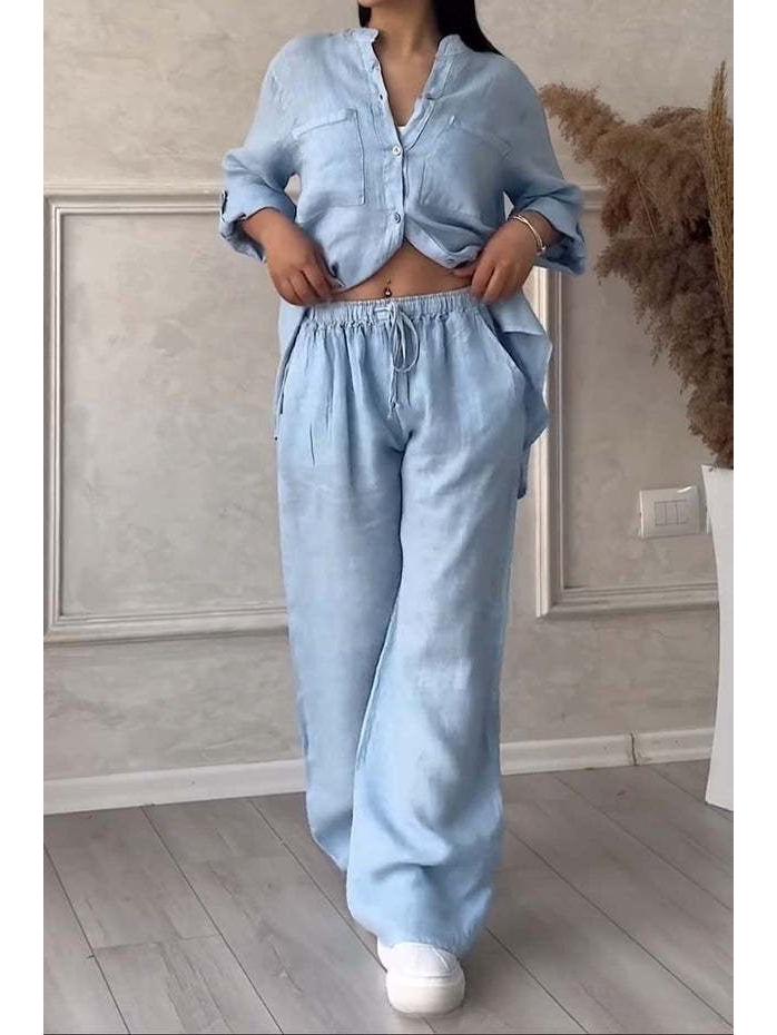 2025 European & American Casual Cotton Linen Shirt & Drawstring Wide-Leg Pants Set