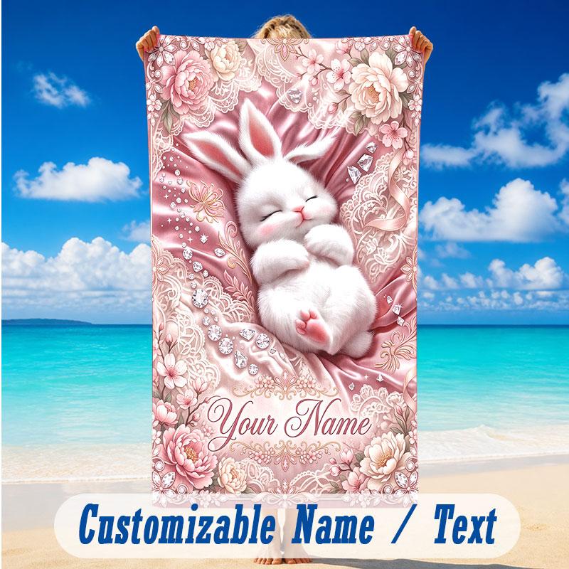 Easter Bunny Theme Beach Towel Personalized Custom Name & Text Soft Quick Dry Beach Towel for Swimming Travel