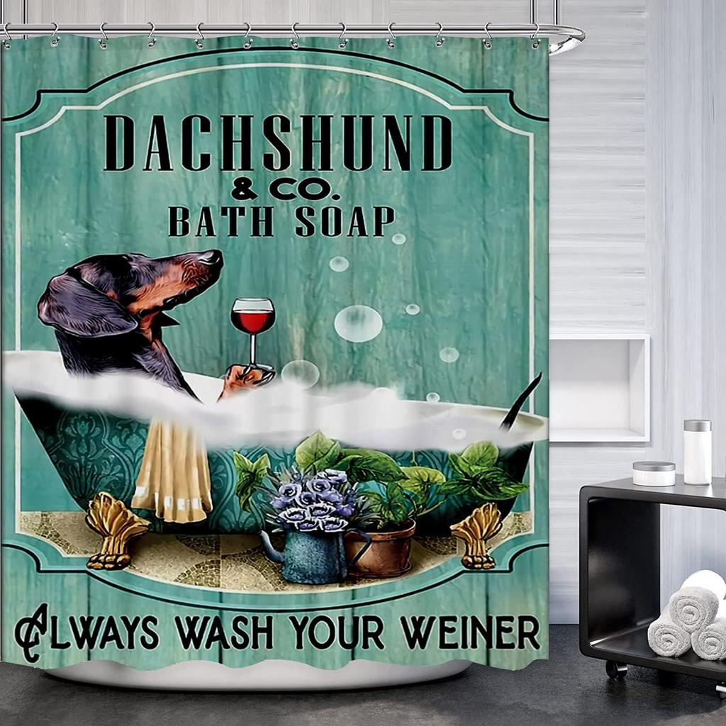 Dog Shower Curtain Funny Shower Curtains 60Wx72L Inch Dachshund Bath Soap Shower Curtain Fun Ocean Teal Green Bathtub Vintage Wo