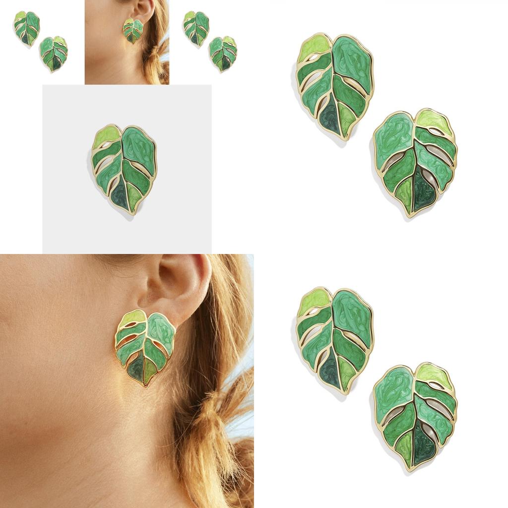 Fashionable Green Leaf Drop Earrings Stylish Summer Alloy Jewelry For Women
