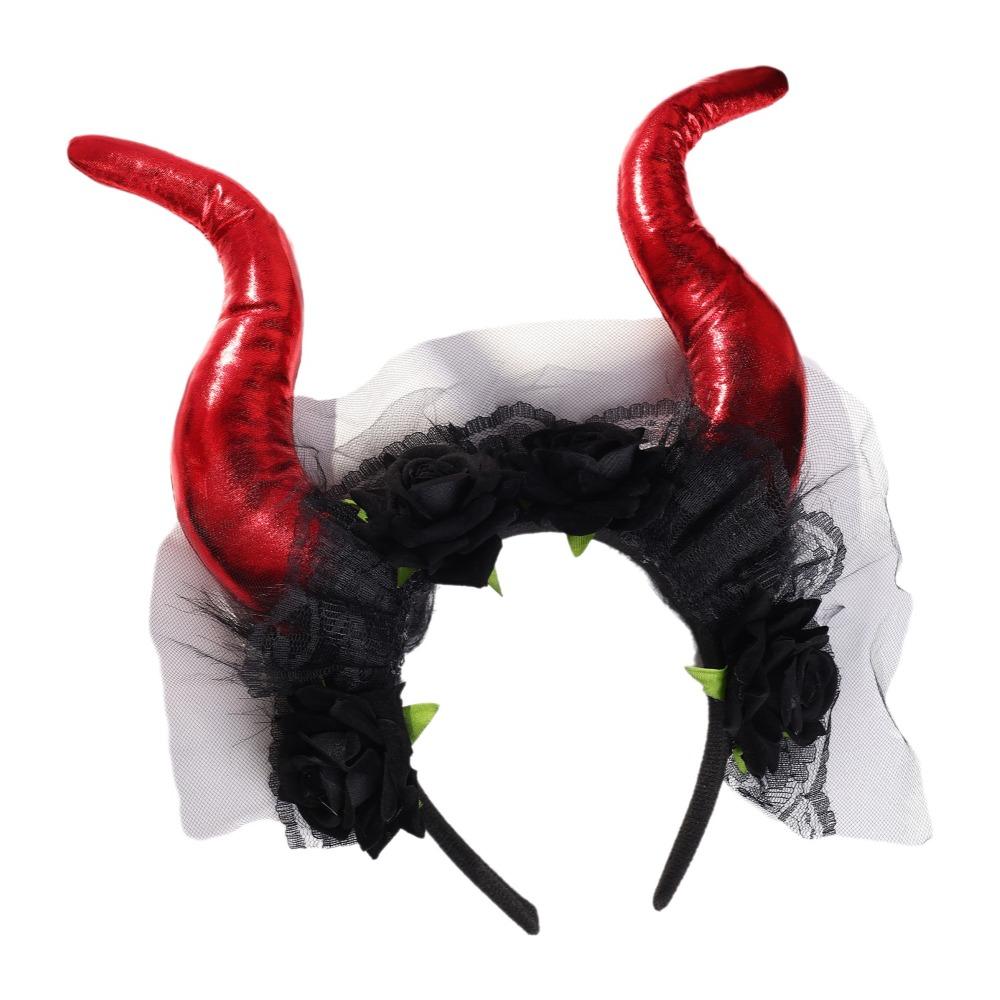 Lace Trim Halloween Cow Horns Headband Flowers Design Red Rose Headband  Women's Accessories