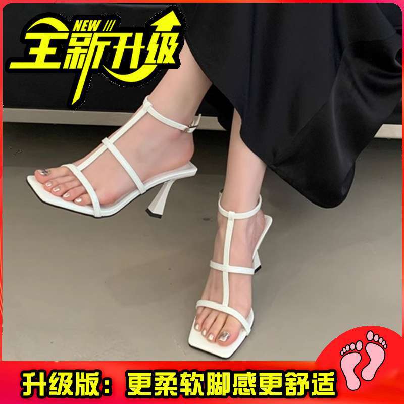 2025 Summer New French Naked Pink High Heels Women's British Style Word with Square Head Thin Heel Sandals Women's Open Toes