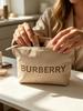 BURBERRY Beige Large Letter Logo Zipper Makeup Pouch Brand Beauty Accessory, Waterproof Cosmetic Storage Bag Women Travel Daily Small Item Purse