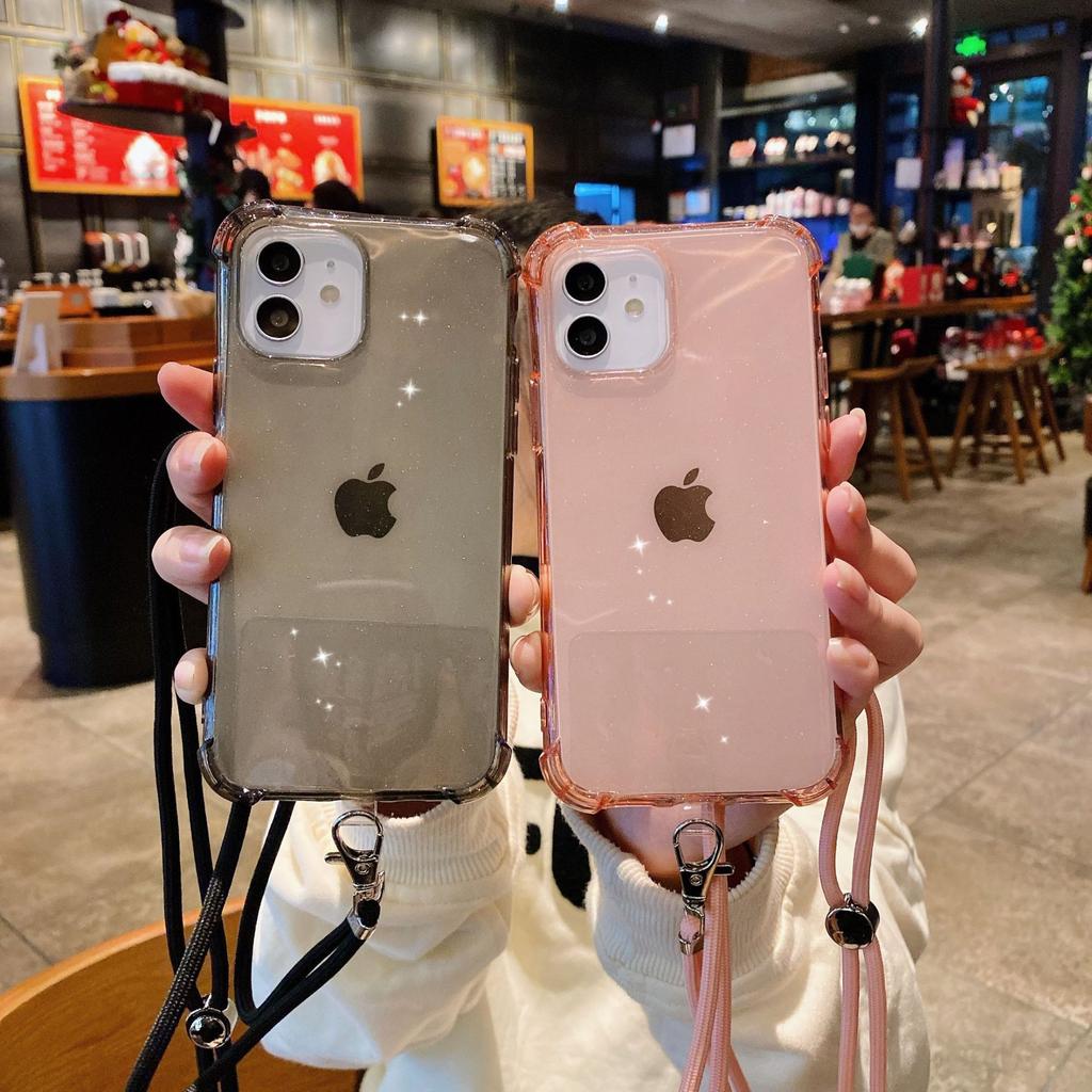 Amazon popular application iPhone12 four corners anti-drop lanyard mobile phone case Apple 11 transparent glitter protective case