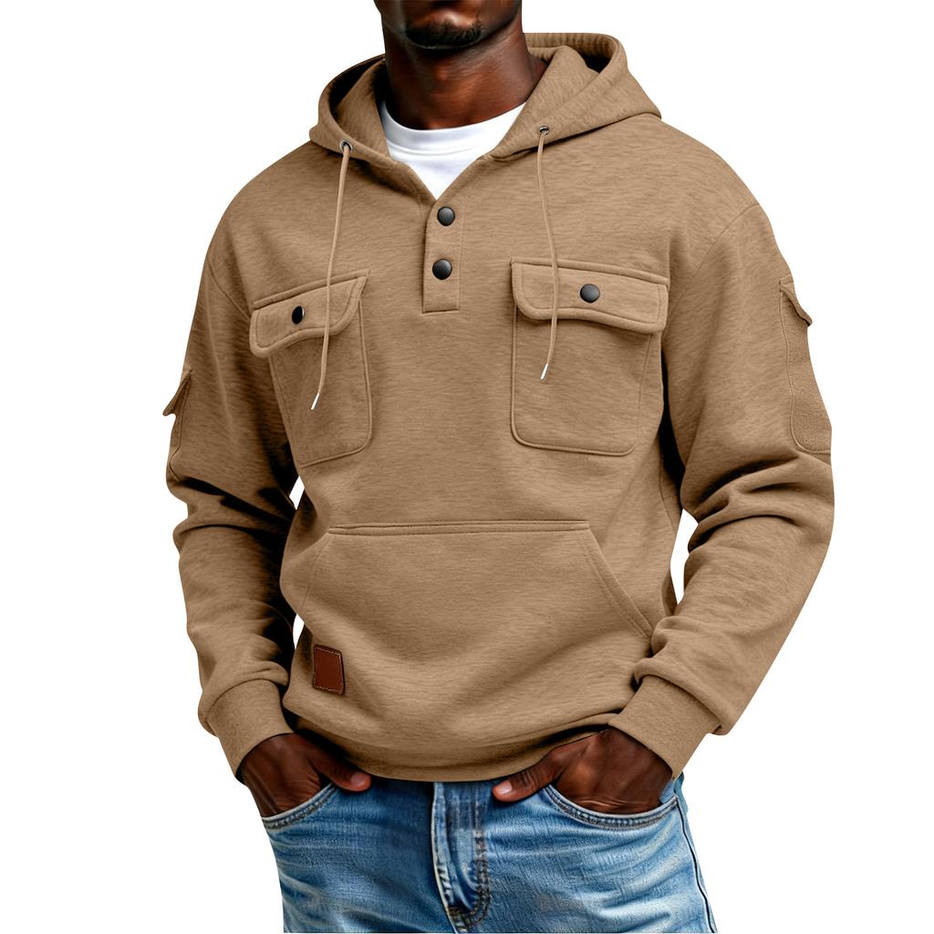Men's Winter Solid Color Button-Down Collar Multi-Pocket Hoodie Men's Sports Plus Size Casual Sweatshirt