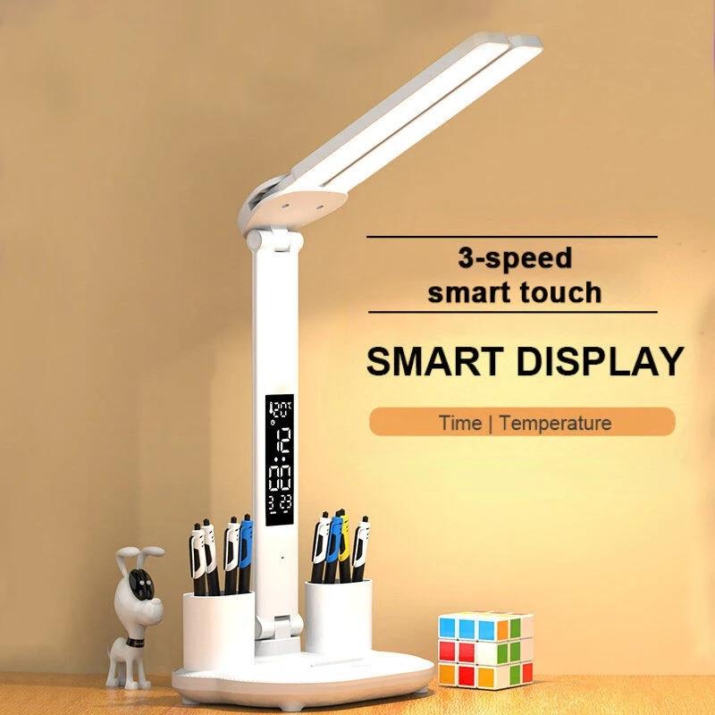 LED Clock Table Lamp With fan USB Chargeable Touch Lights 2Heads 180 Rotate Foldable Eye Protection Desktop Reading Table Lights