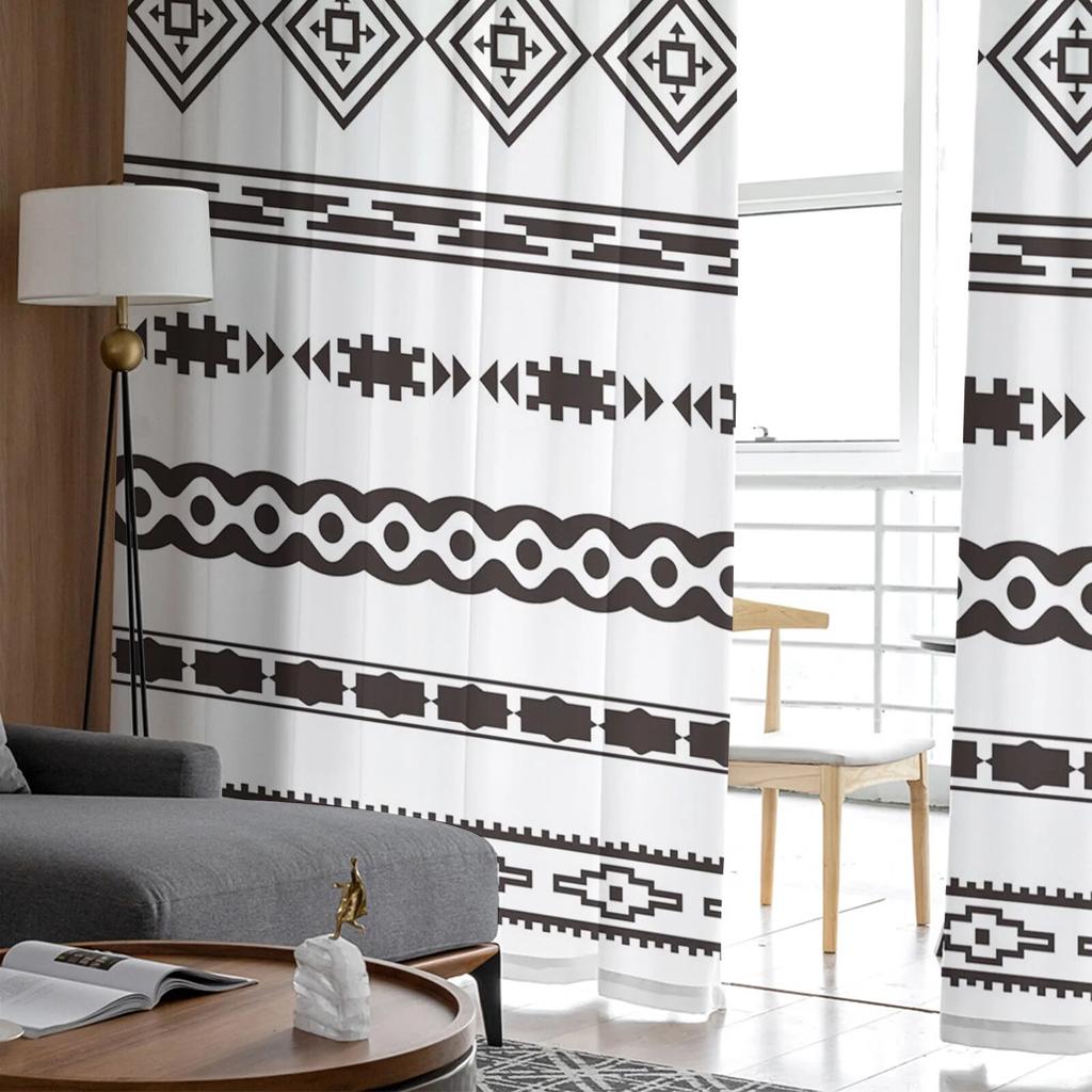 Tribe Ethnic Black Geometrické postavy Tyl Závesy do obývačky Kuchyňa Spálňa Priesvitný tyl pre kaviareň Hotel Moderná výzdoba domova