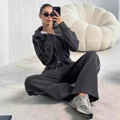European and American New Autumn Casual Suit Women's Long-sleeved Zipper Sweater Jacket Striped Elastic Pants Two-piece Set