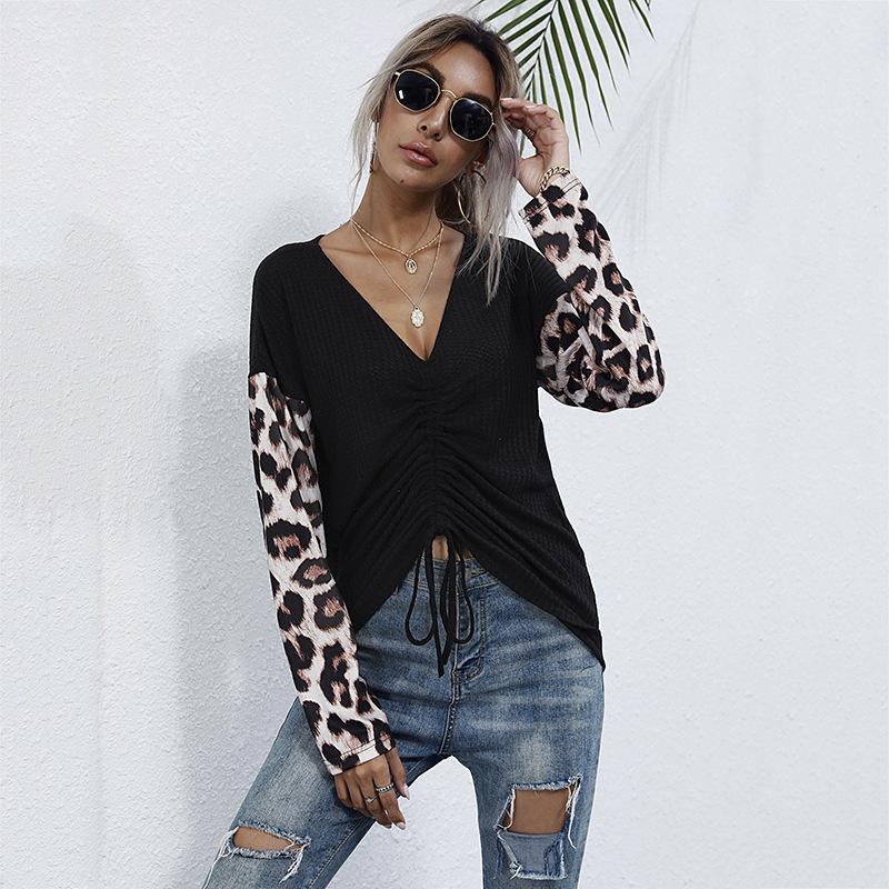V-neck Color Blocked Leopard Print Long Sleeved T-shirt for Women Casual Top Drawstring Design Commuter Pullover Base Shirt Autumn