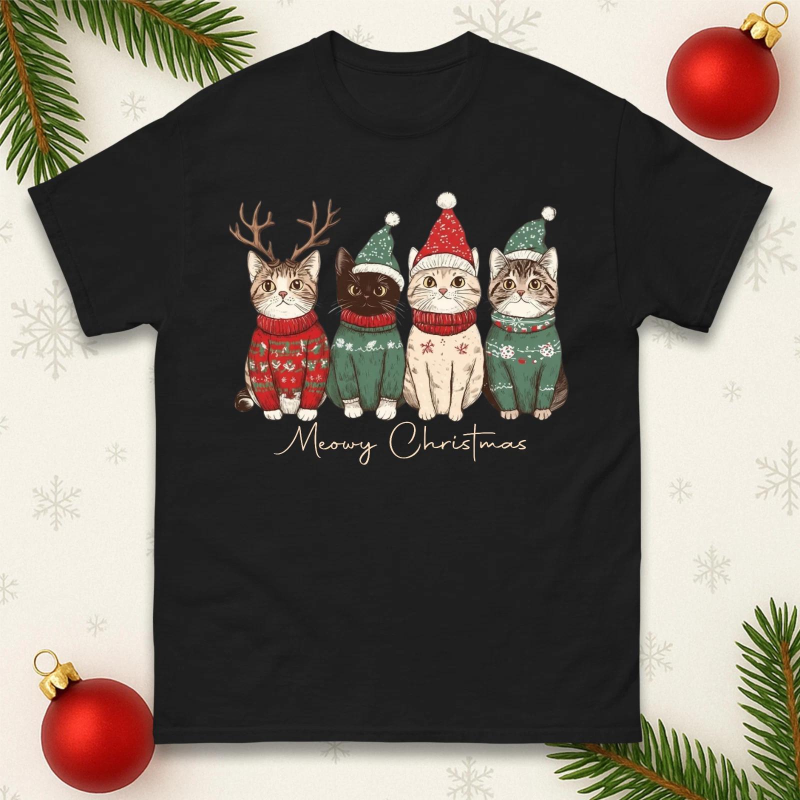 Meowy Christmas Cat T-Shirt Cute Kitten Holiday Sweater Xmas Gift Family Tee Top 2XL