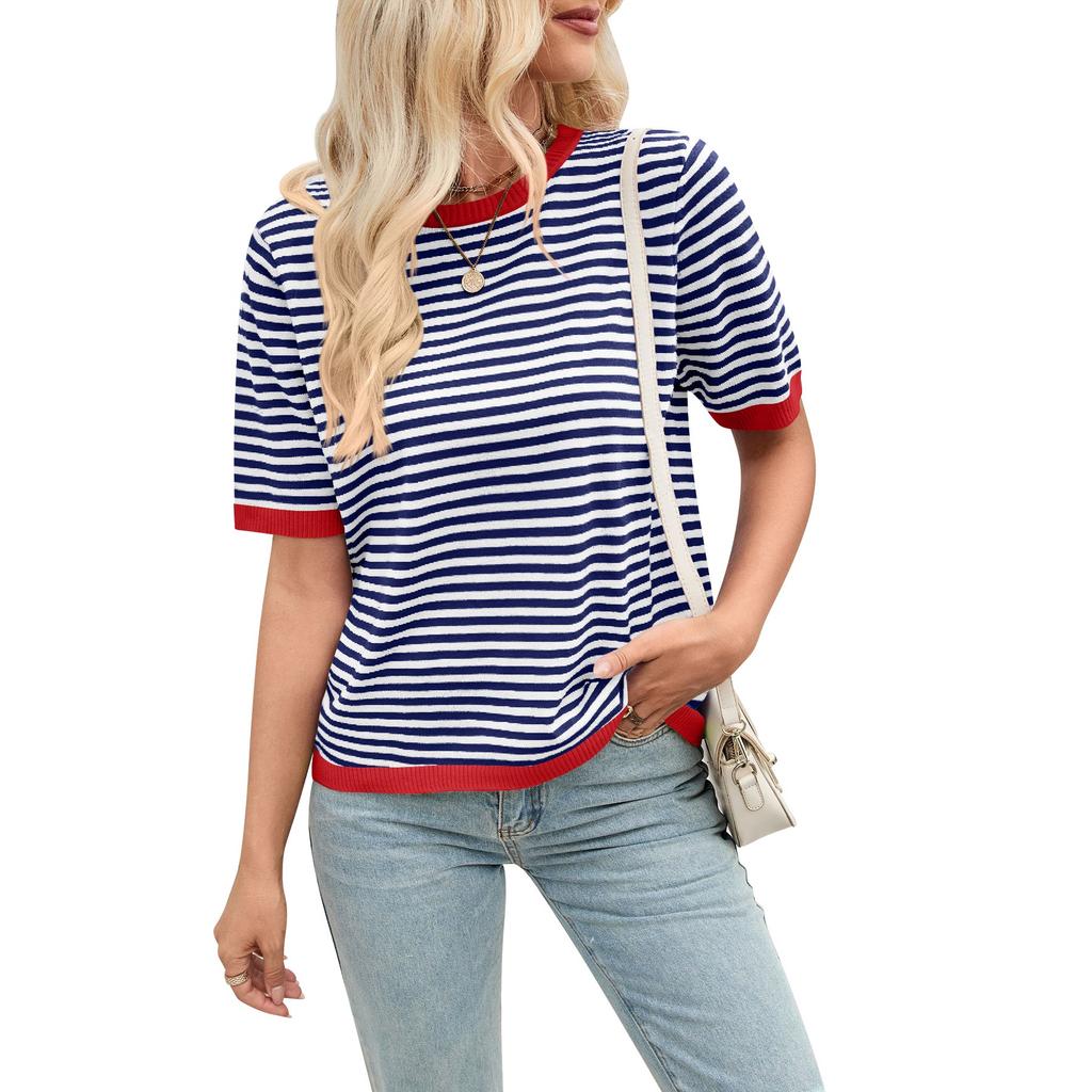 Women's Round Neck Half Sleeve Loose Fit Striped Color Block Knit Top Casual Sweater