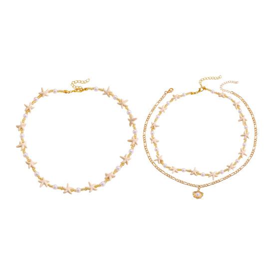 Colar Estrela-do-Mar Bohemia Pérola Falsa Leve Hipoalergênico Feminino Pingente de Concha Corrente Dourada Colar Joia de Pescoço Praia Oceânica
