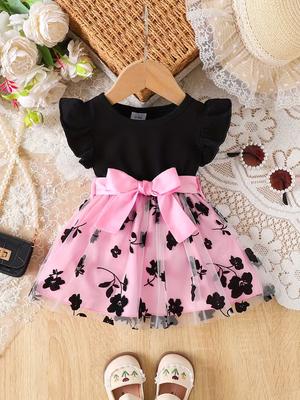 Baby Girls Mesh Dress Flutter Sleeve Princess Dress with Ribbon Sweet Party Dress for Toddlers