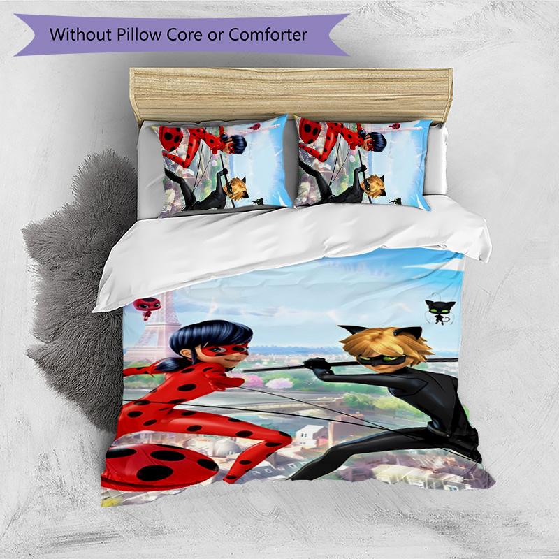 Miraculous Ladybug Cartone Animato Stampato Set Biancheria da Letto 3 Pezzi Copripiumino Morbido Traspirante Federe Set Lavabile Decorazione Camera da Letto Regalo per la Casa