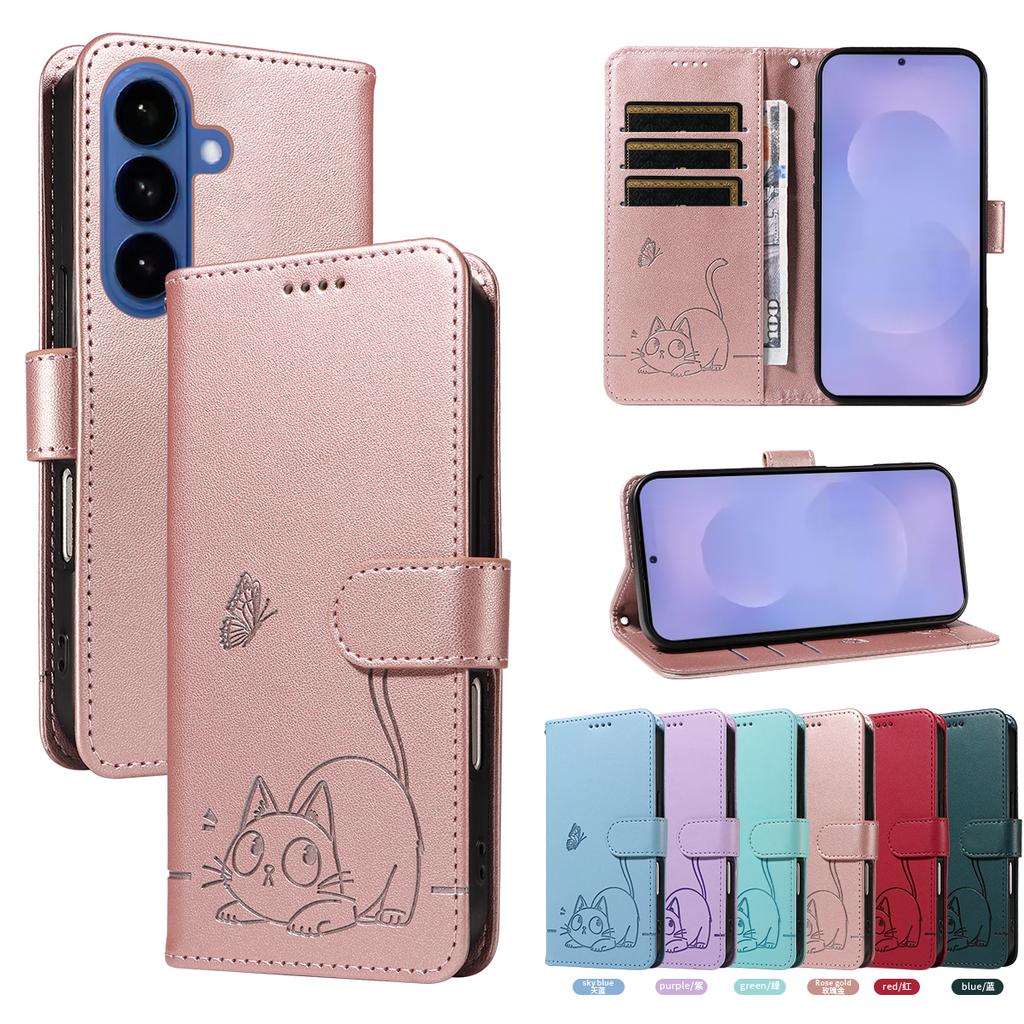 Magnetic Card Solt Wallet Leather Embossed Little Cat Phone Case For Samsung S26 Ultra S25 Plus A16 A57 A17 A07 Bag Pocket Cover