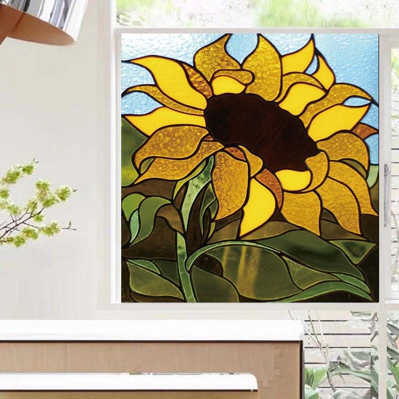 

Custom Size Sunflower Stained Glass Window Film Frosted Privacy Static Cling Removable Door Sticker Bathroom Decorative Film 40cmX50cm