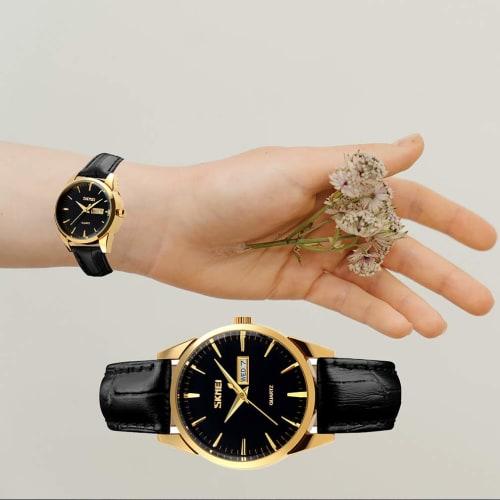 Popular couple's watches for men and women. Classic black leather strap, waterproof, luxury, perfect for weddings, anniversaries, or any special occas