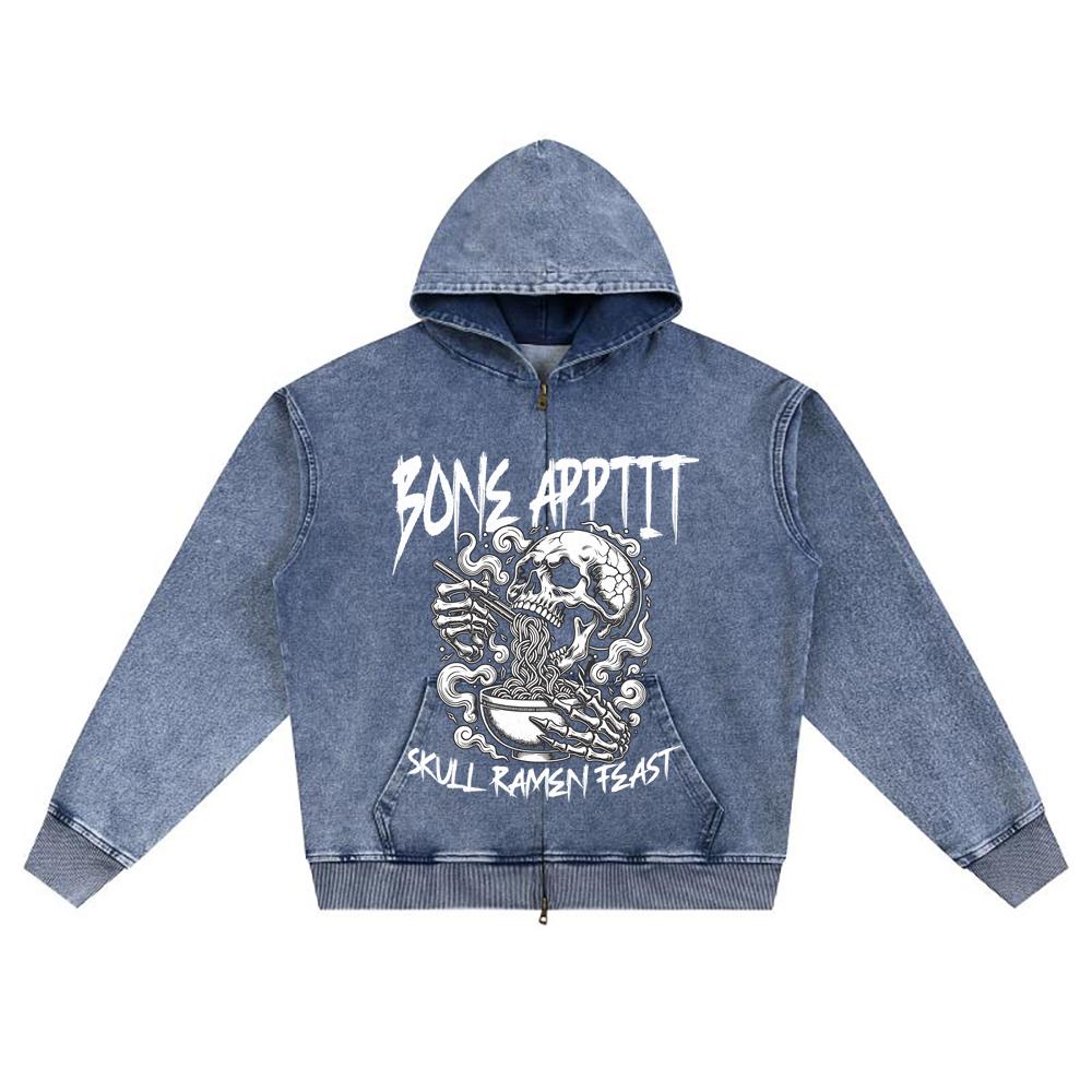 DTG Print Knitted Denim Zip-Up Hoodie Bone App It Brother Print Zipper Hoodies