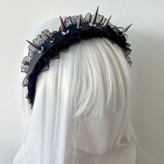 Headband with Sharp Metal Rivets Black Lace Adjustable Elastic Fit Hair Hoop Gothic