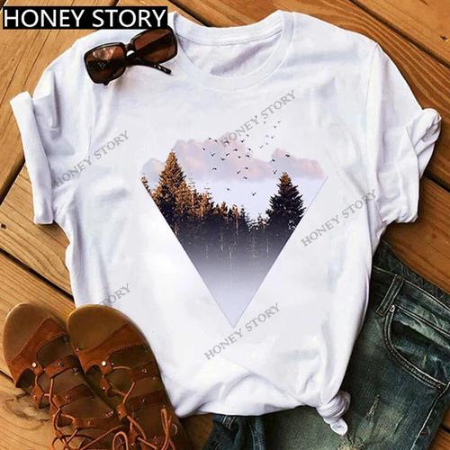 Mountain Print T-shirt Casual Harajuku T-shirt Beautiful Mountain Print Men's and Women's Trend Short Sleeve Summer polyester