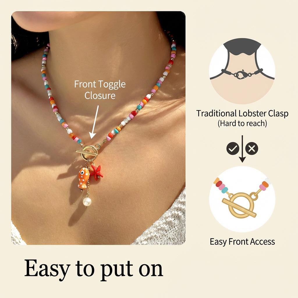Bohemian Starfish Pendant Necklace For Women Handmade Rice Beads Ceramic Fish with OT Buckle Choker Summer Beach Party Jewelry