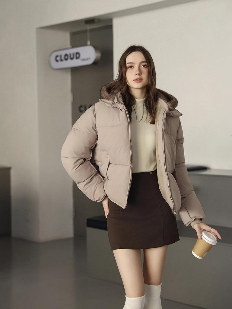 Short Cotton-padded Jacket With Imitation Mink Fur Hood