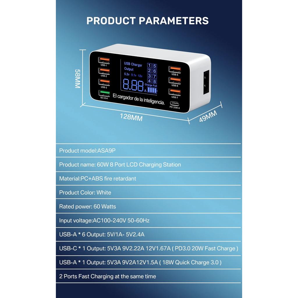 Φορτιστής USB Γρήγορης Φόρτισης 8 Θυρών QC3.0 Γρήγορη Φόρτιση Type C Έξυπνος Σταθμός Φόρτισης Ψηφιακή Οθόνη LCD USB Πολλαπλών Θυρών για Τηλέφωνο