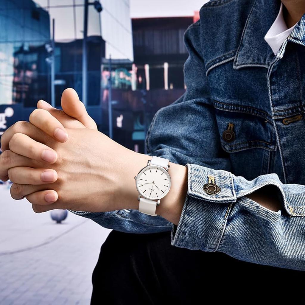 BUREI Men's Classic Analog Quartz Watch Date Ultra-thin Stainless Steel Mesh Band All Silver White Strap