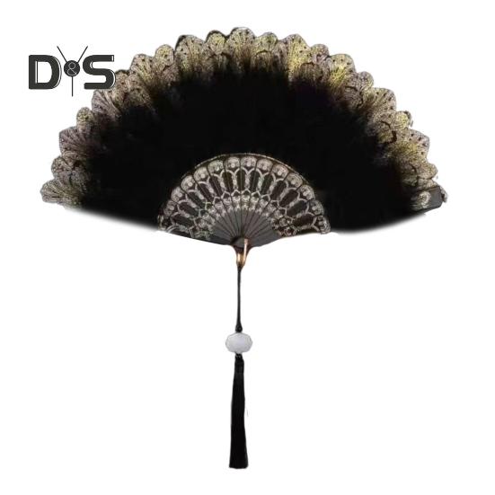 

Винтажный складной веер с перьями и кружевом с кисточками, портативный летний ручной веер, украшение для танцевального представления, реквизит для костюмов для вечеринок