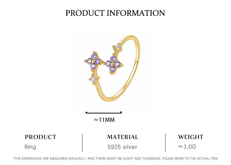 S925 Sterling Silver Fairy-Inspired Purple Zircon Four-Leaf Clover Adjustable Ring for Women