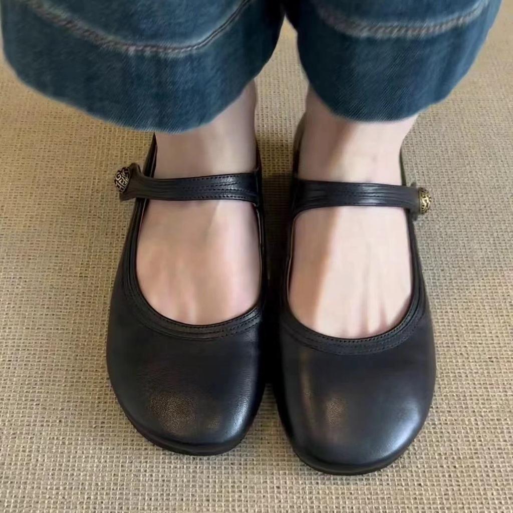 Cowhide Version~ Summer Flat-soled Single Shoes, Evening Breeze Gentle Matching Skirt, Black Small Leather Shoes, French Mary Jane Shoes for Women