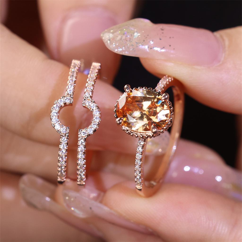 Ensemble de bagues de mariage en pierre de champagne ovale de couleur or rose, 2 pièces/ensemble, bijoux cadeaux pour la Saint-Valentin