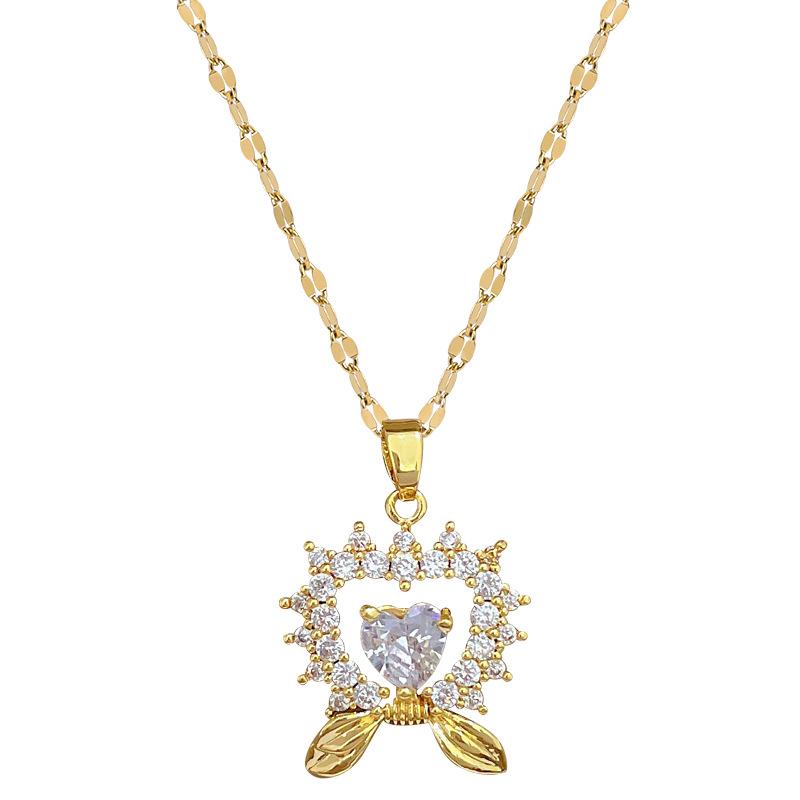 Love Bow Light Luxury Temperament Gorgeous Full Diamond Necklace Women'S Versatile Collarbone Chain Titanium Steel Chain