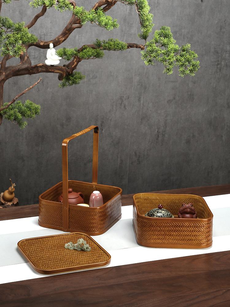 Vintage Bamboo Woven Double Layer Food Box Tea Set Storage Basket Dustproof Snack Container