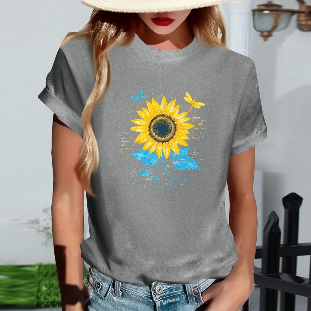 Damen Modisches Rundhals Casual Retro Print Kurzarm T-Shirt Top