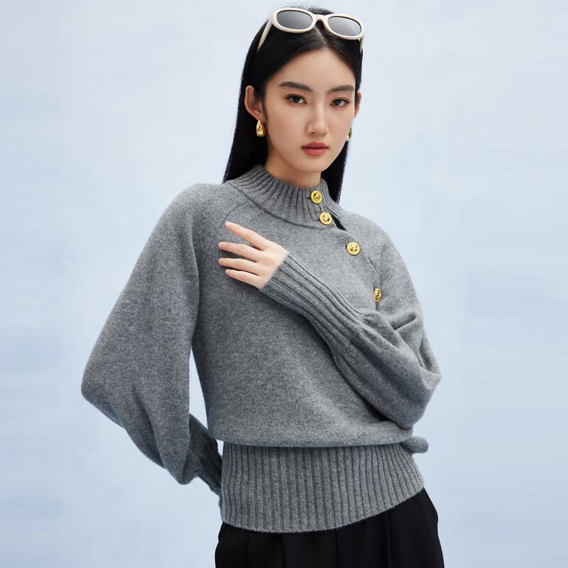 PALUOPO Women's 7-Gauge Pure Cashmere Semi-High Neck Lantern Sleeve Sweater