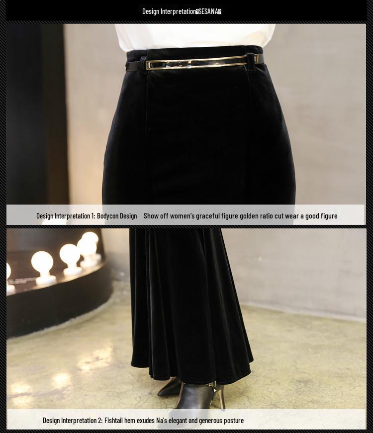 2025 Guld Sammet Fisksvans Volang Lång A-linje Kroppsnära Kjol för Höst/Vinter