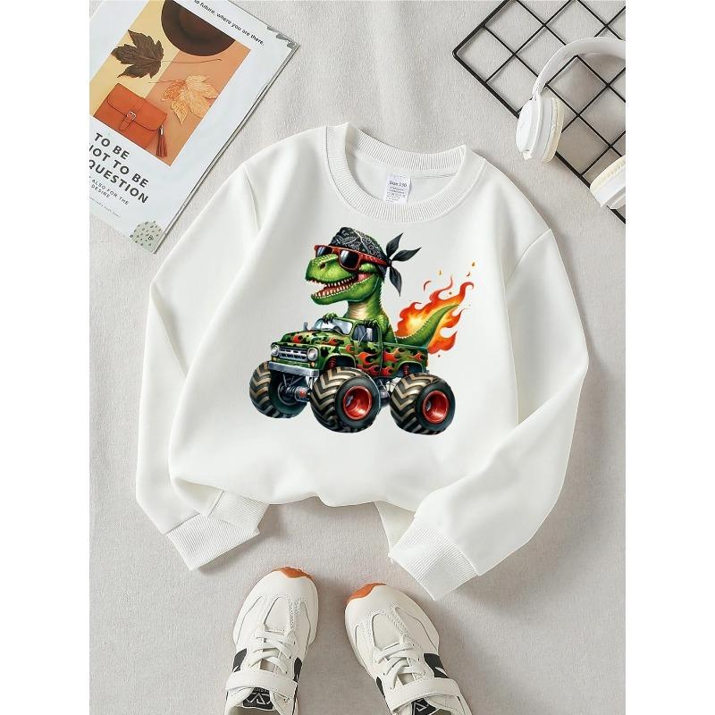 European sizes Dinosaur Monster Truck Fire Bandana Glasses Girls' Crewneck Sweatshirt, Autumn Winter Western Top, Long Sleeved Casual.