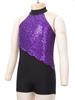 Girls Glittery Sequins Dance Leotard Mock Neck Sleeveless Figure Skating Bodysuit Strappy Back Rhythmic Gymnastics Costume
