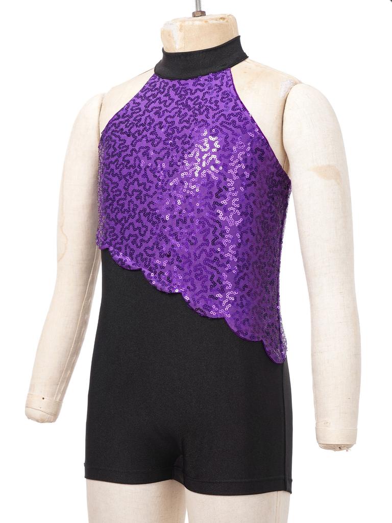 Girls Glittery Sequins Dance Leotard Mock Neck Sleeveless Figure Skating Bodysuit Strappy Back Rhythmic Gymnastics Costume