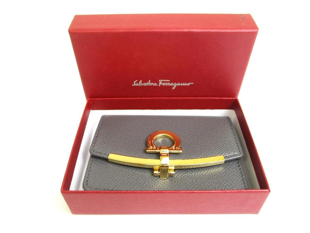 Authentic Salvatore Ferragamo Gray Black Leather Business Card Holder #a746  Refurbished