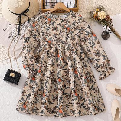 Kinder Freizeitkleid für Frühling und Sommer, Modisches Langarmkleid mit floralen Prints für Mädchen