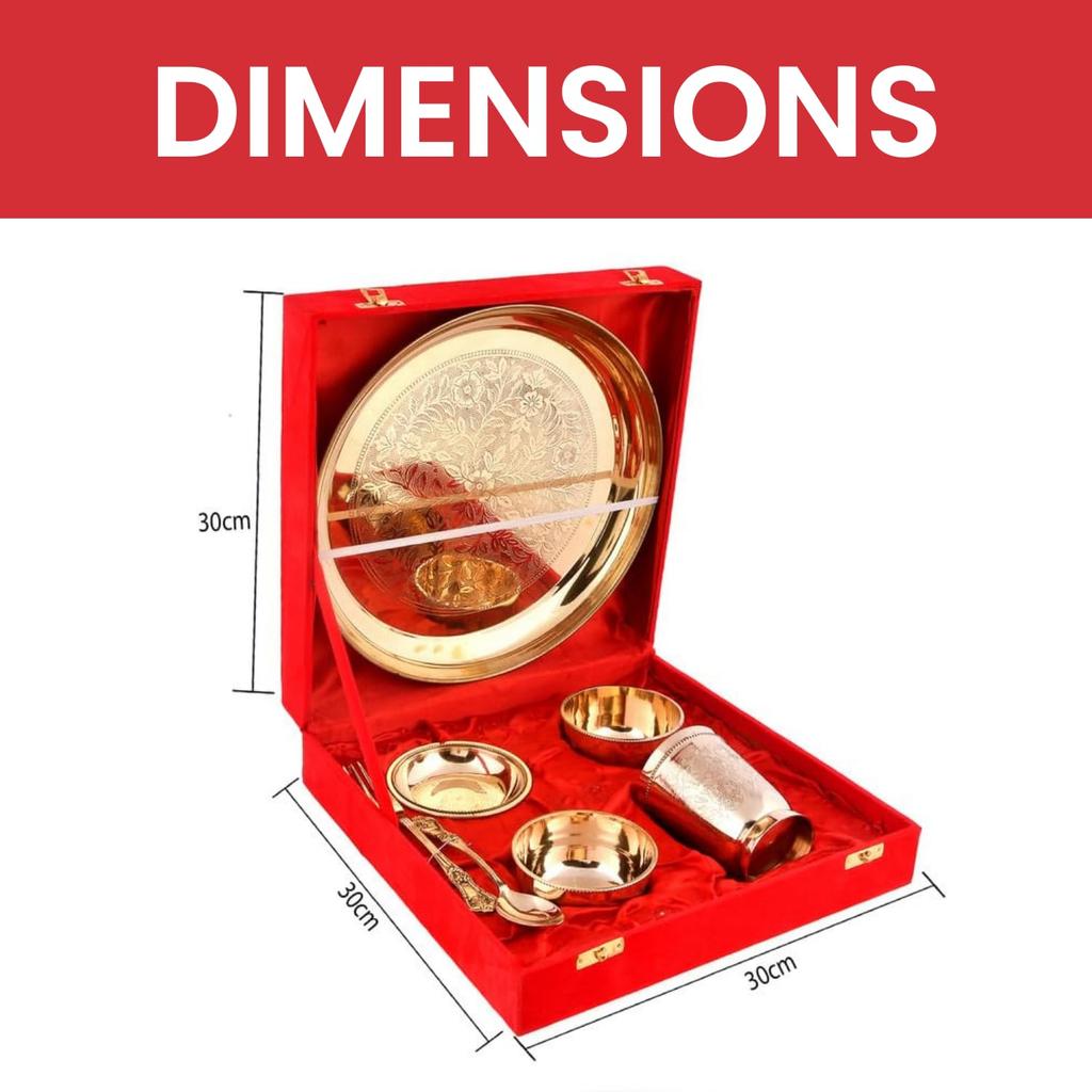 Pure Brass Dinner Set , 7 Pieces Set - 1 Plate, 1 Glass, 1 Spoon, 1 Fork, 1 Small Plate & 2 Bowls with Red Velvet Box | Wedding Gifts