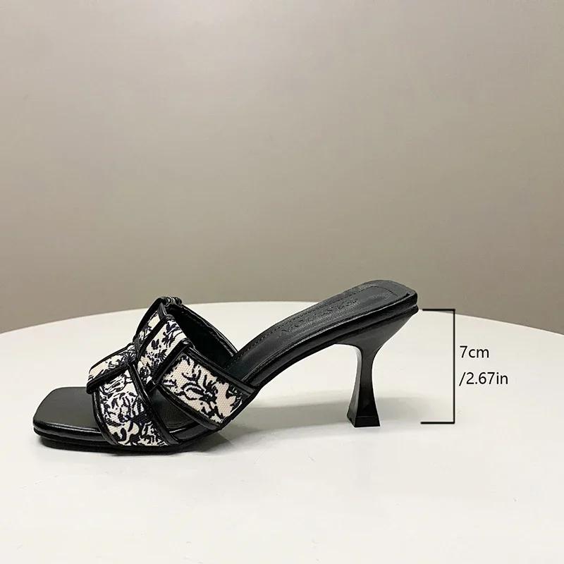 2024 New Brand Summer High Heel Women Slippers Fashion Square Toe Slip On Slides Ladies Elegant Party Dress Sandalias