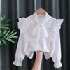Girls Ruffled Collar Long Sleeve White Blouse Kids Elegant Lapel Button Down Shirt