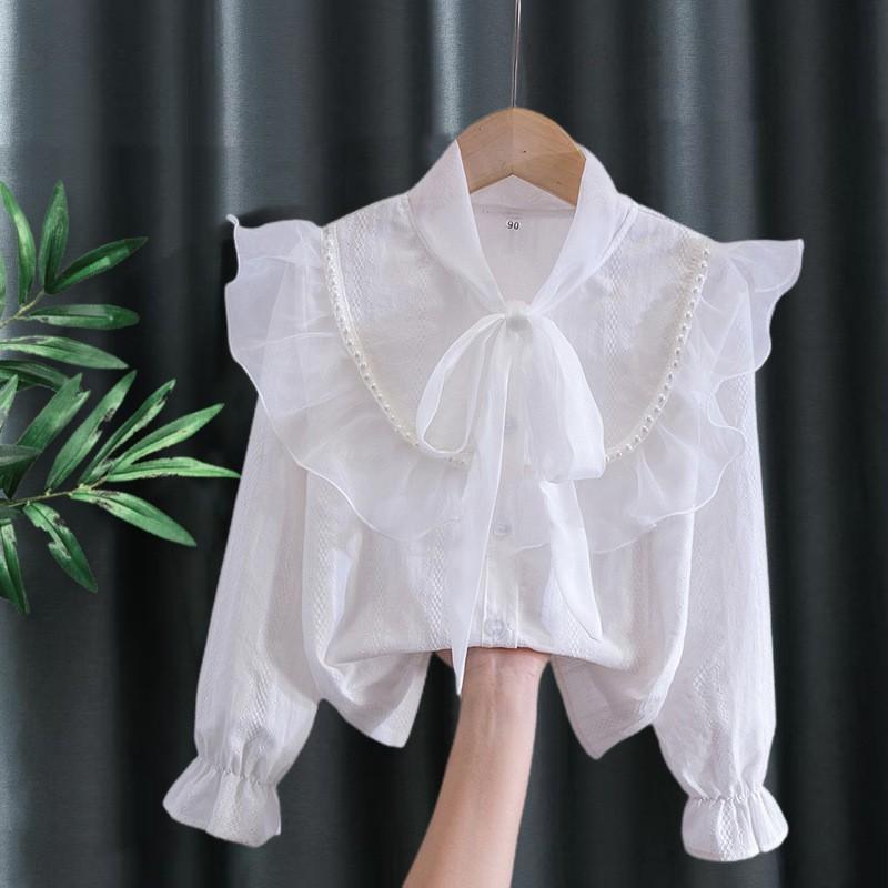 Girls Ruffled Collar Long Sleeve White Blouse Kids Elegant Lapel Button Down Shirt