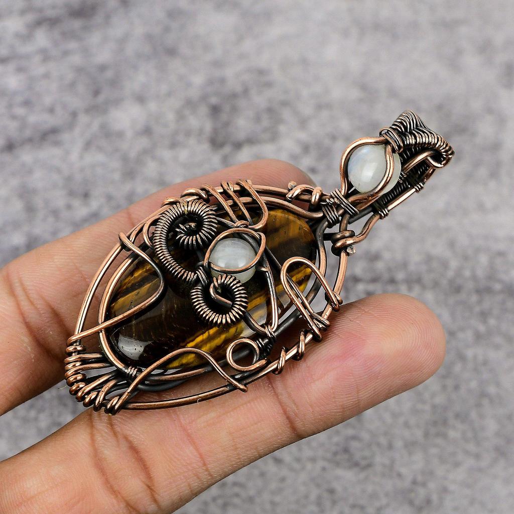 Tiger's Eye & Rainbow Moonstone 999 Copper Wire Wrapped Pendant, Handmade Gemstone Pendant , Gift For Mom Antique Jewelry