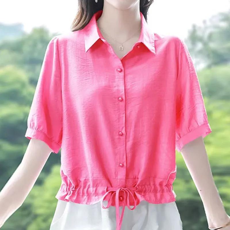 

Женская летняя дизайнерская темпераментная рубашка с короткими рукавами и лацканами, повседневный топ 2XL розы красного