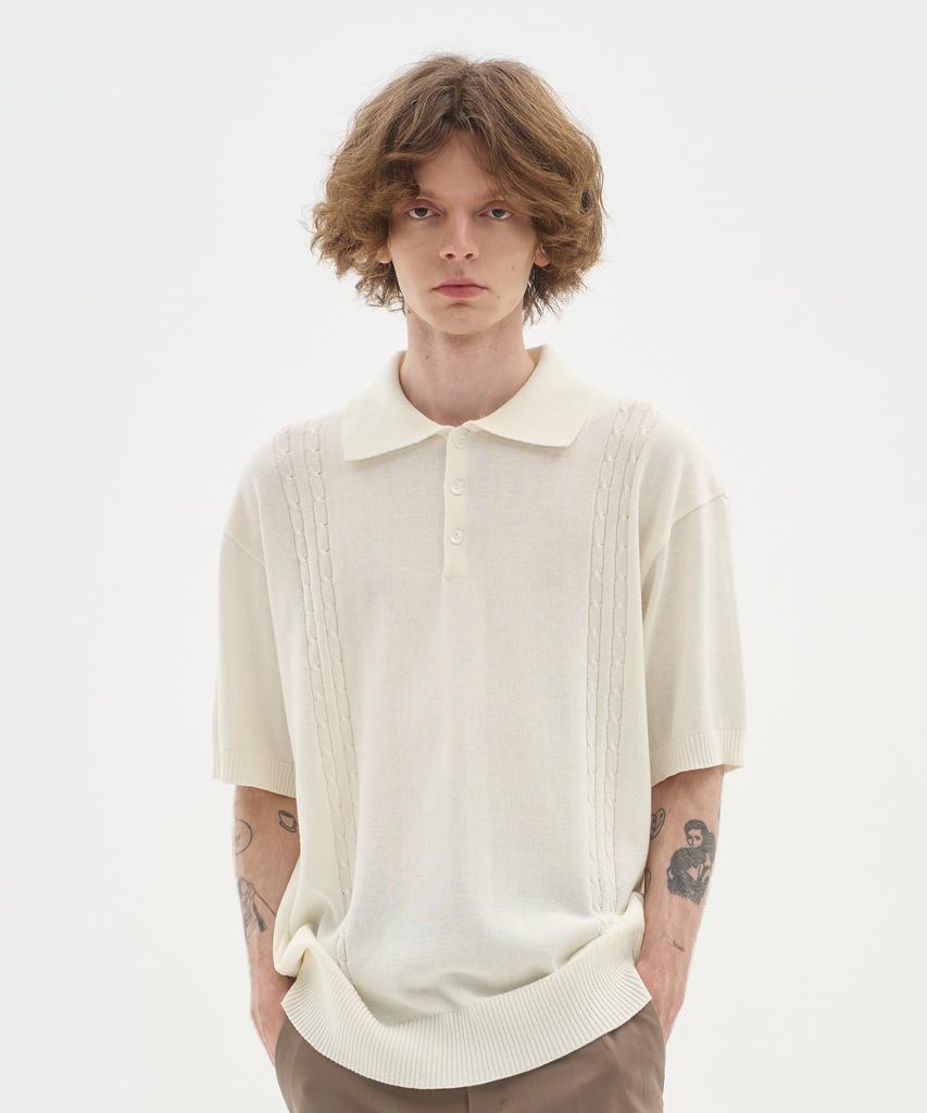 BLOND9 Soft Cable Collar Short Sleeve Knit_Ivory