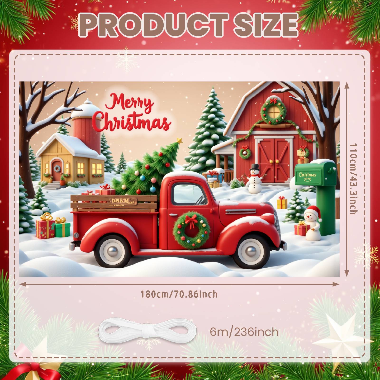 

Winter Holiday Banner Red Truck Design Xmas Display Holiday Backdrop Wreath Ornament Snowy Christmas Backdrop For Christmas